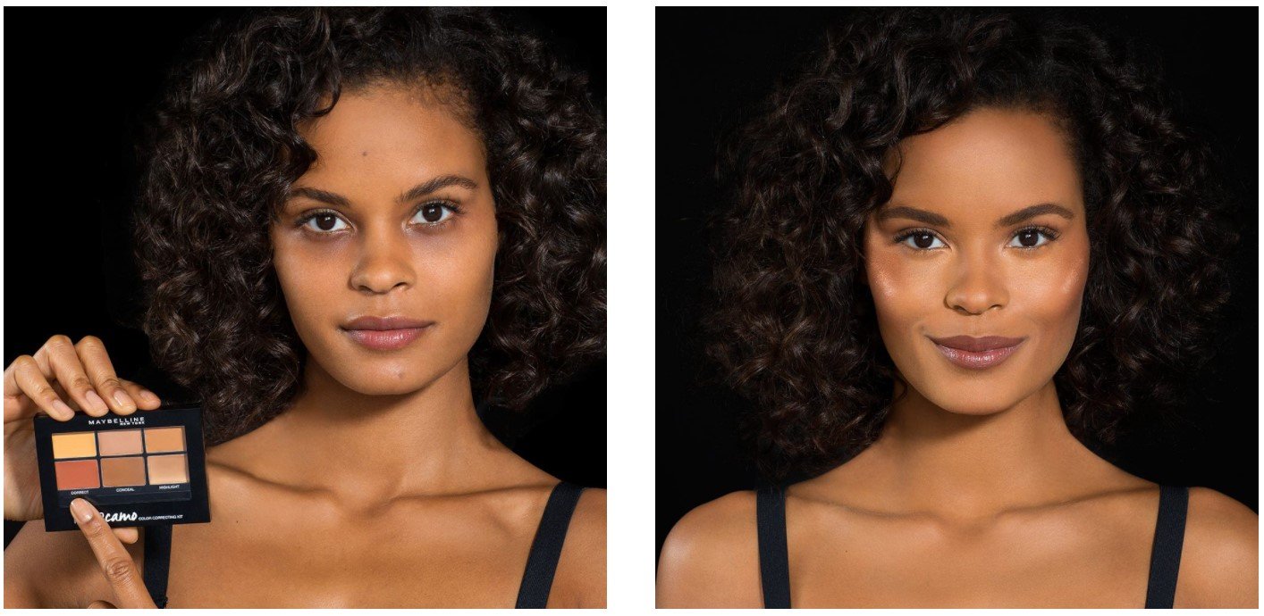 Voor-en-na-foto van een vrouw die Maybelline Camo gebruikt